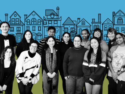image of a group of people standing in front of a cartoon wall of houses